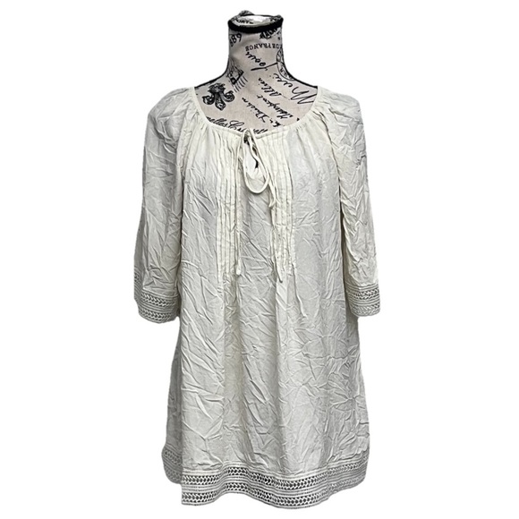 Aimage Women’s Cream Ivory Pintuck Boho Tunic Mini Dress L Semi Sheer Crochet - Picture 2 of 11